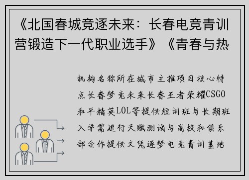 《北国春城竞逐未来：长春电竞青训营锻造下一代职业选手》《青春与热键：长春电竞青训基地如何唤醒沉睡的职业梦想》
